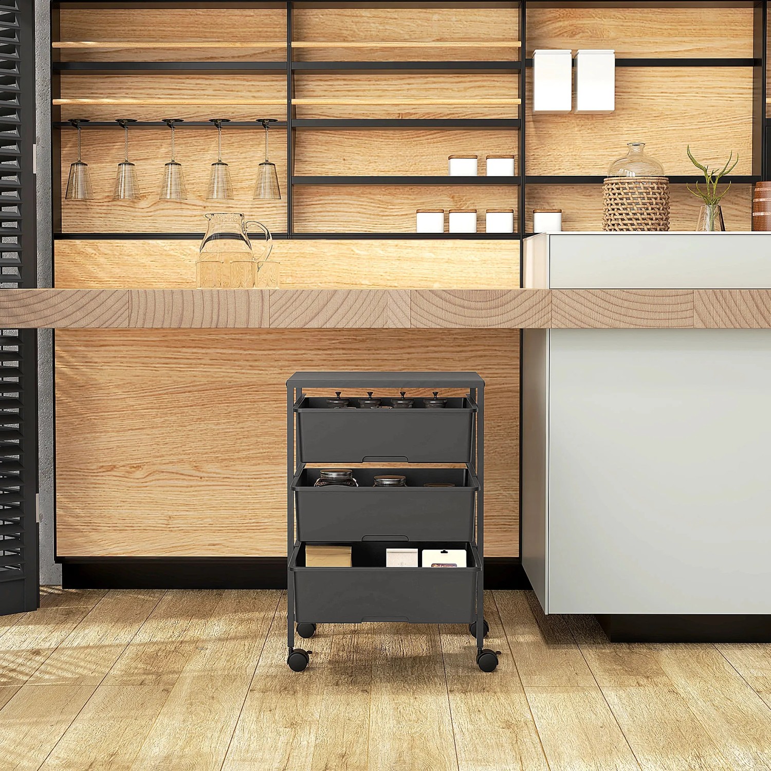 Schwarzer HOMCOM Rollwagen aus Stahl und Kunststoff mit drei Ablagekörben für Büro oder Haushalt.