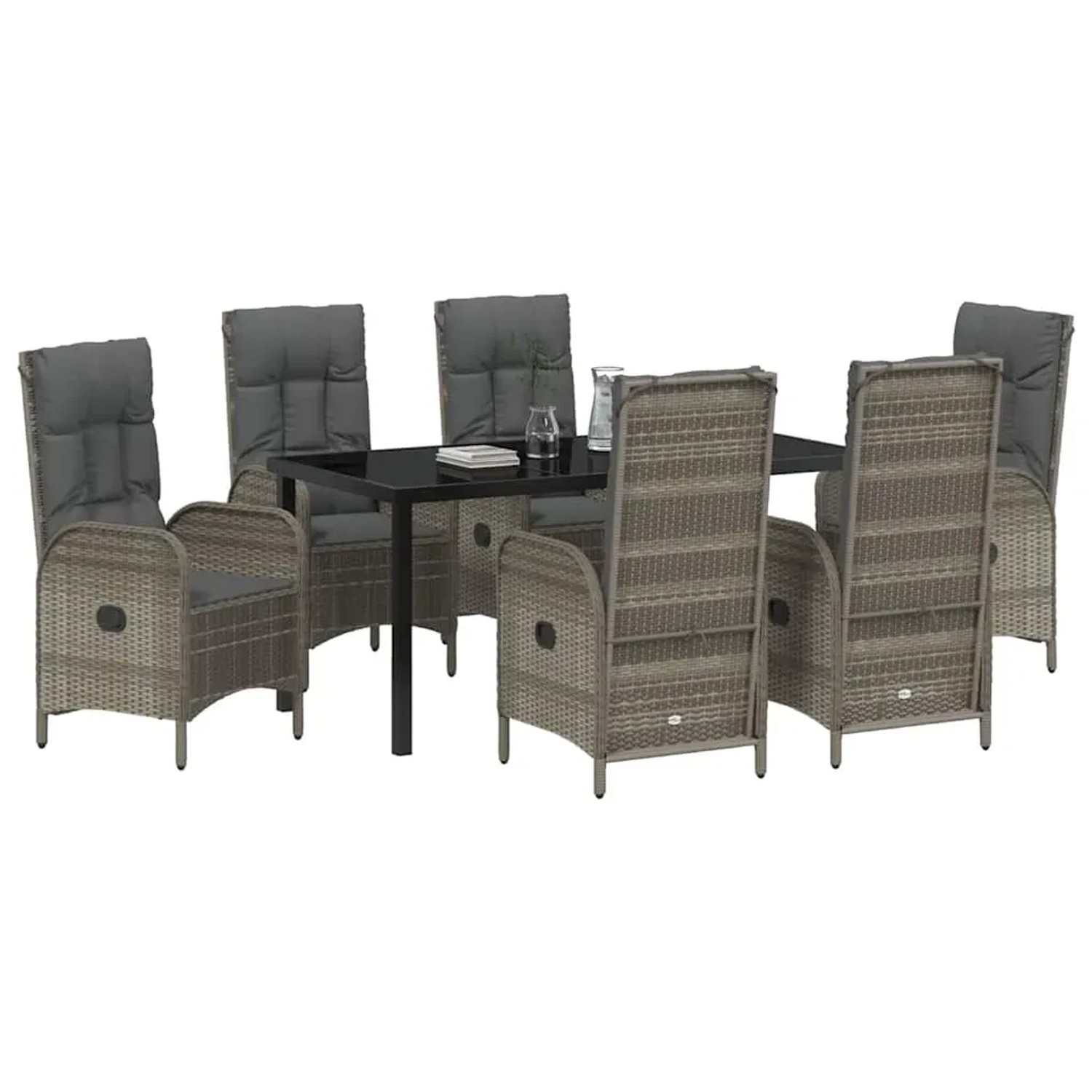 Graue 7-tlg. vidaXL Garten Essgruppe aus Poly Rattan mit Tisch und Stühlen mit Kissen.