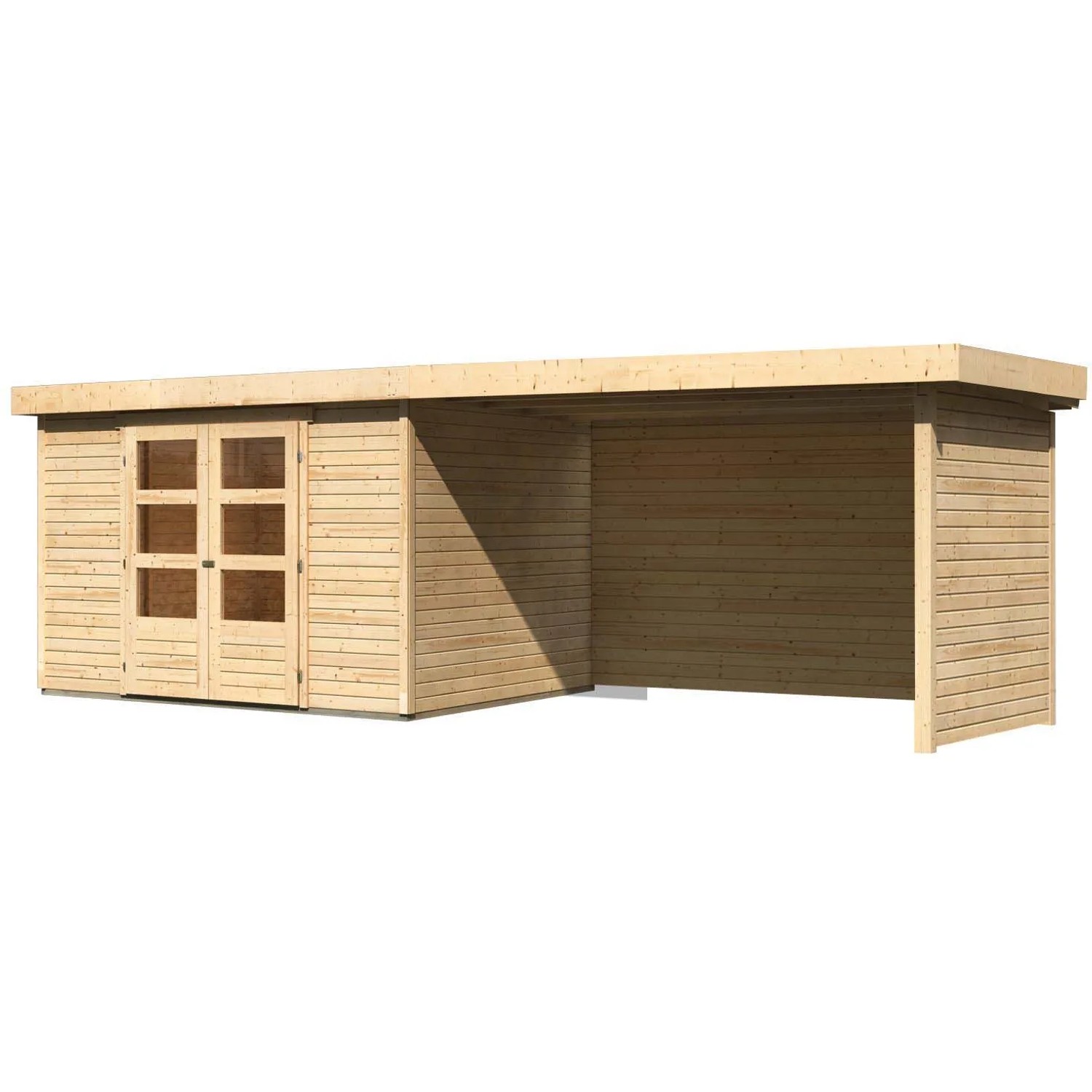 Karibu Holz-Gartenhaus Boras mit Flachdach und Anbau, unbehandelt.