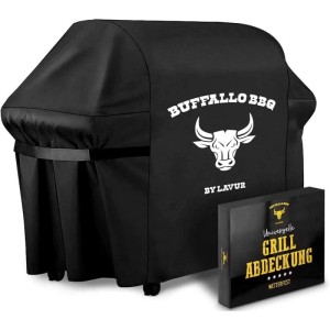 Schwarze Buffalo BBQ Grillabdeckung 147x61x122 cm, wasserdicht und windfest, mit Logo und Verpackung.