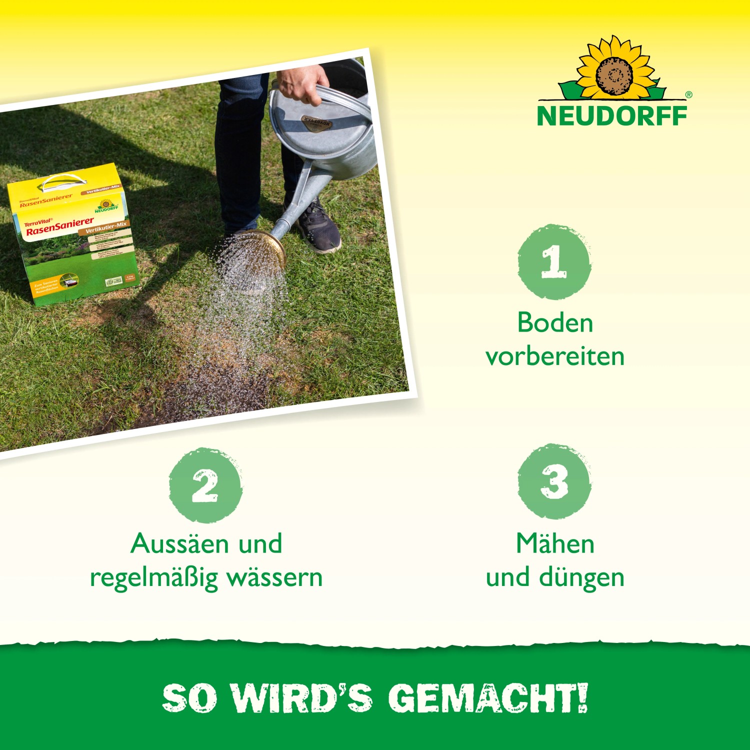 Anwendung von Neudorff TerraVital RasenSanierer: Boden vorbereiten, aussäen, wässern, mähen und düngen.