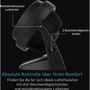 Schwarzer Vornado Tischventilator 630 mit 3 Geschwindigkeitsstufen für optimale Luftzirkulation.