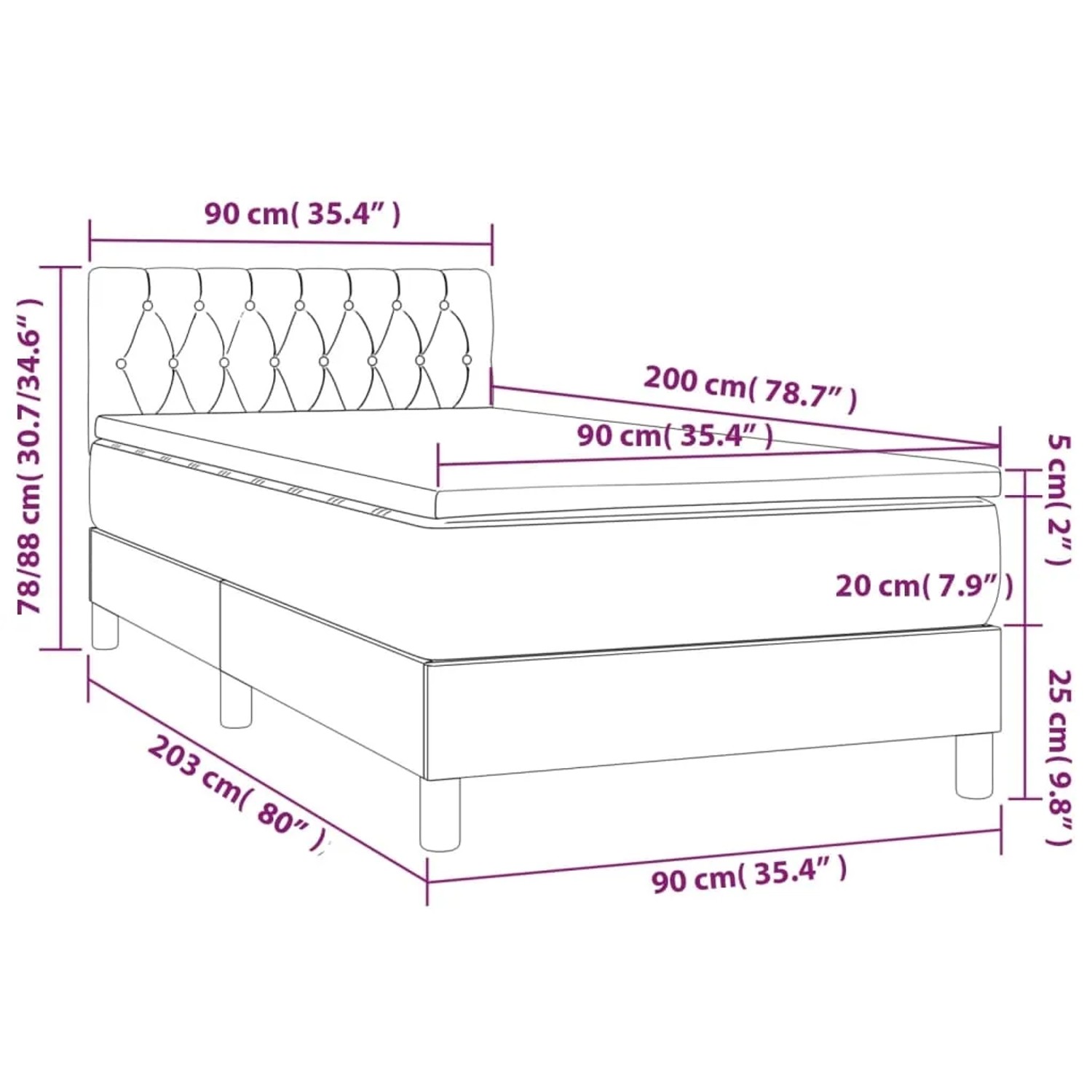 vidaXL Boxspringbett dunkelgrau (90x200 cm) mit Matratze und Kopfteil, Stoffbezug.