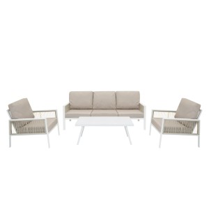 Jardi 4-teilige Gartenmöbel Sofagarnitur aus Aluminium mit Rattan-Box, weißem Gestell und beigen Polstern.