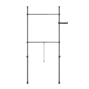 Schwarzer, höhenverstellbarer Teleskop Kleiderständer mit zwei Stangen und seitlichen Haken.