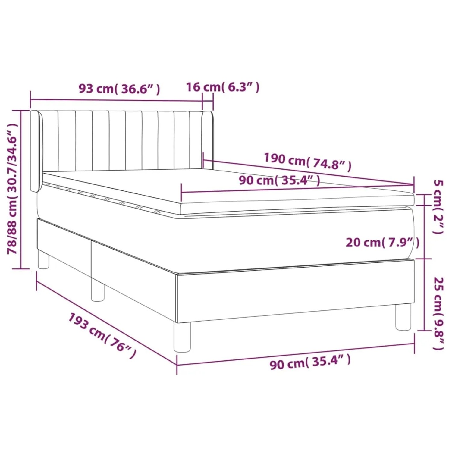 vidaXL Boxspringbett rosa (90x190 cm) mit Matratze, Samt. Bett mit Maßen.