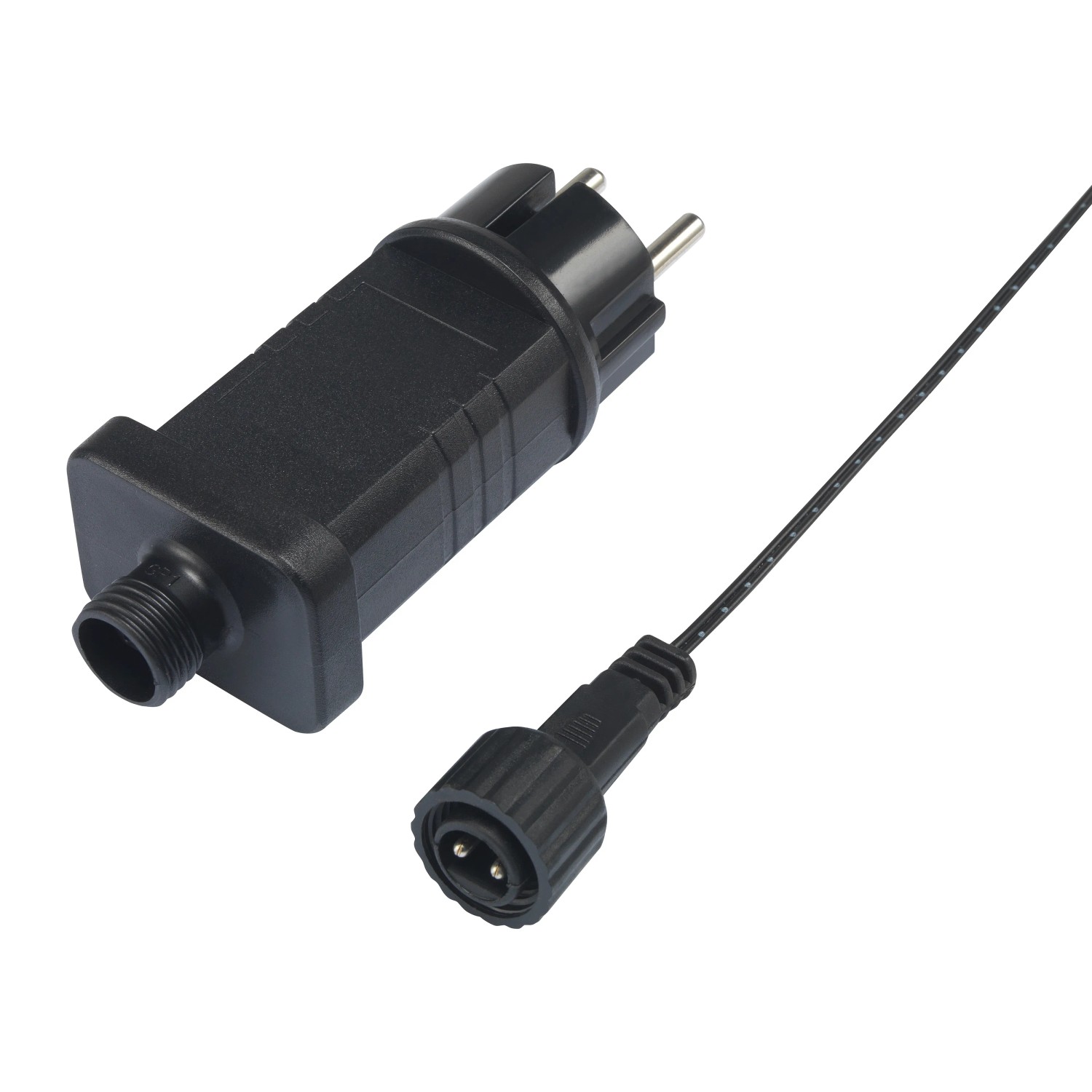 Netzteil und Stecker der bunten LED-Büschellichterkette mit schwarzem Kabel.