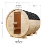 Artsauna Fasssauna Spitzbergen 220 cm für 6 Personen mit 8 kW Ofen, aus Fichtenholz mit Bitumendach.