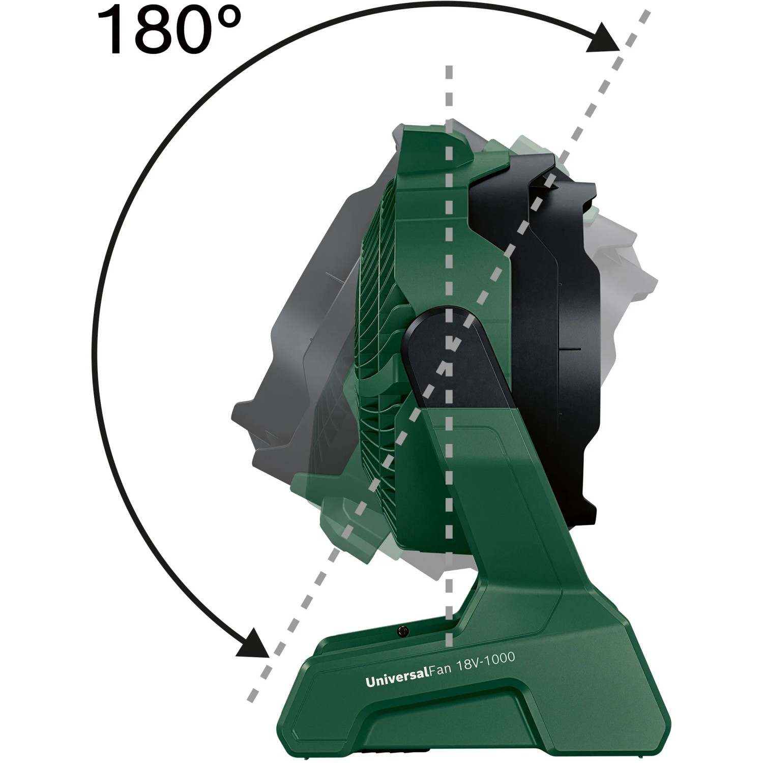 Bosch UniversalFan 18V-1000 Akku-Ventilator mit 180° Neigung, ideal für flexible Luftstromrichtung.
