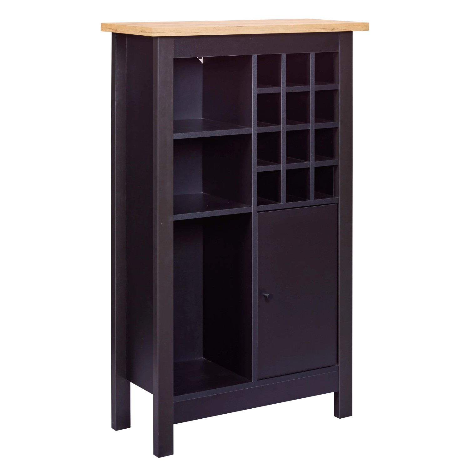 Schwarzer Weinschrank Helina mit Fächern und Tür, modernes Design, 77x33x124cm.
