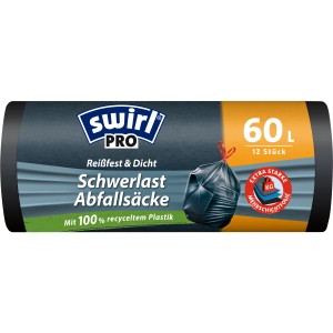 Swirl Profi Schwerlast-Abfallsäcke, 60L, 12 Stück, mit Zugband und aus recyceltem Plastik.