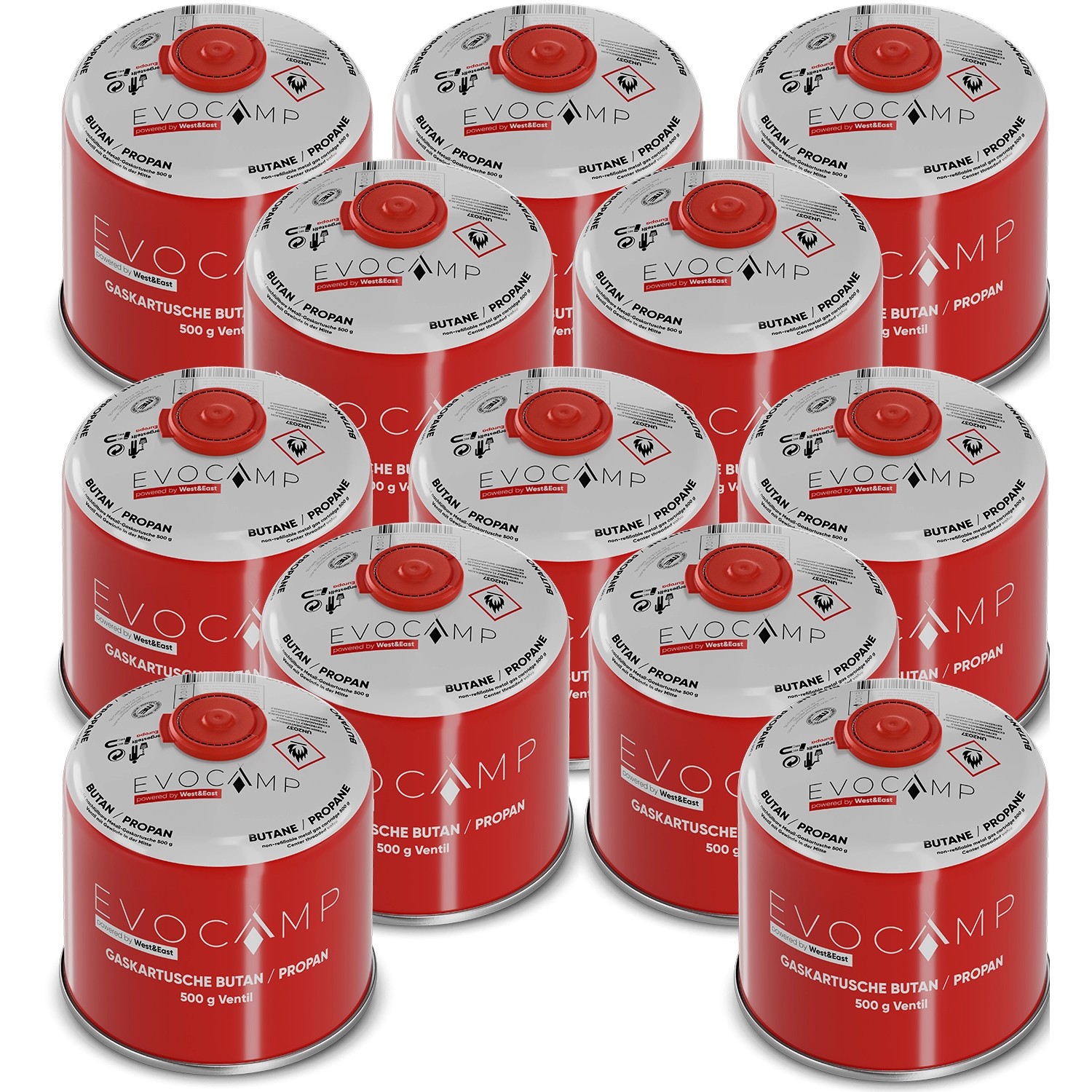 Evocamp Gaskartusche 12 Stück Butan Propan 500 g Schraubventil für Campingkocher und Gasgrills