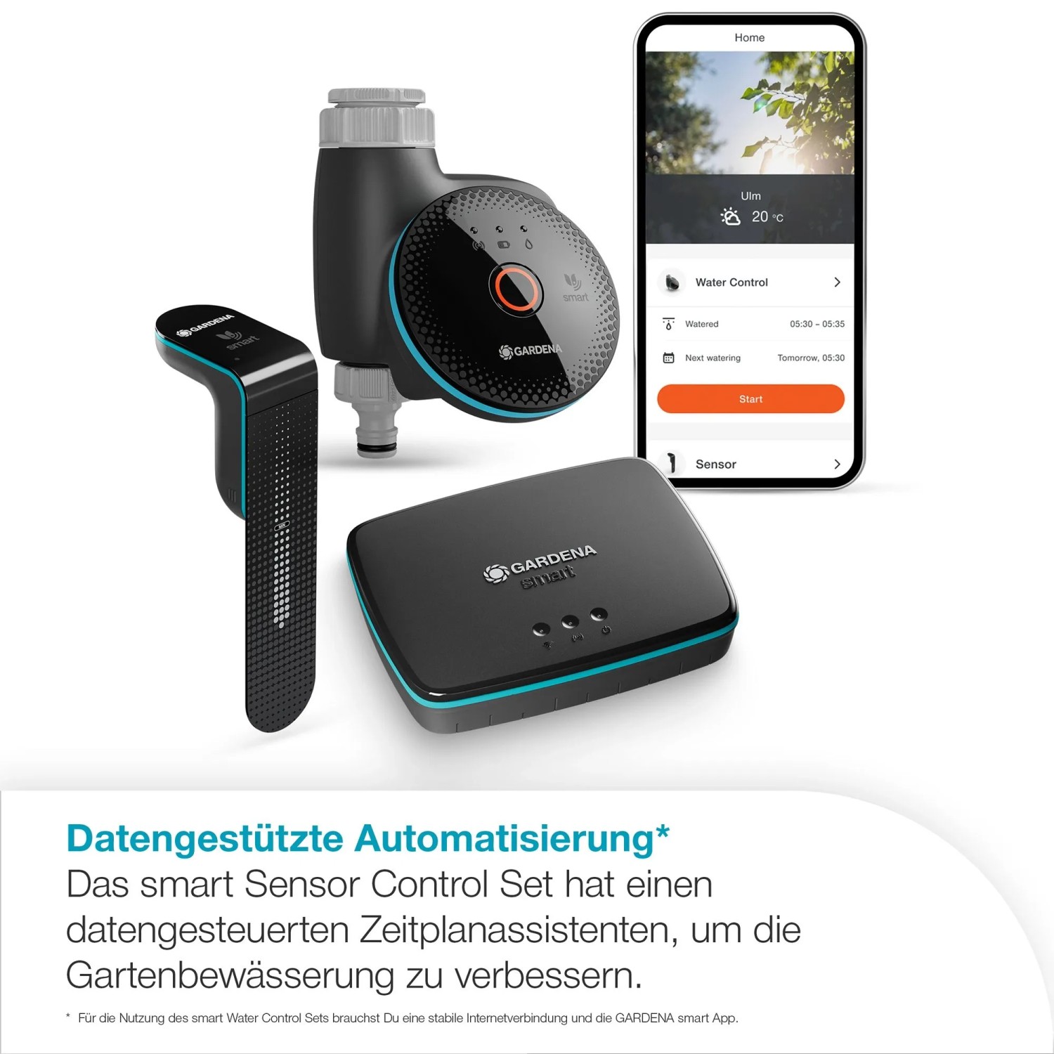 Gardena Smart Sensor Control Set für automatische Gartenbewässerung mit Sensor, Steuerung und Gateway.