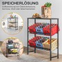 Schwarzes Getränkekistenregal aus Stahl mit drei Ebenen, beladen mit Getränkekisten und Lebensmitteln.
