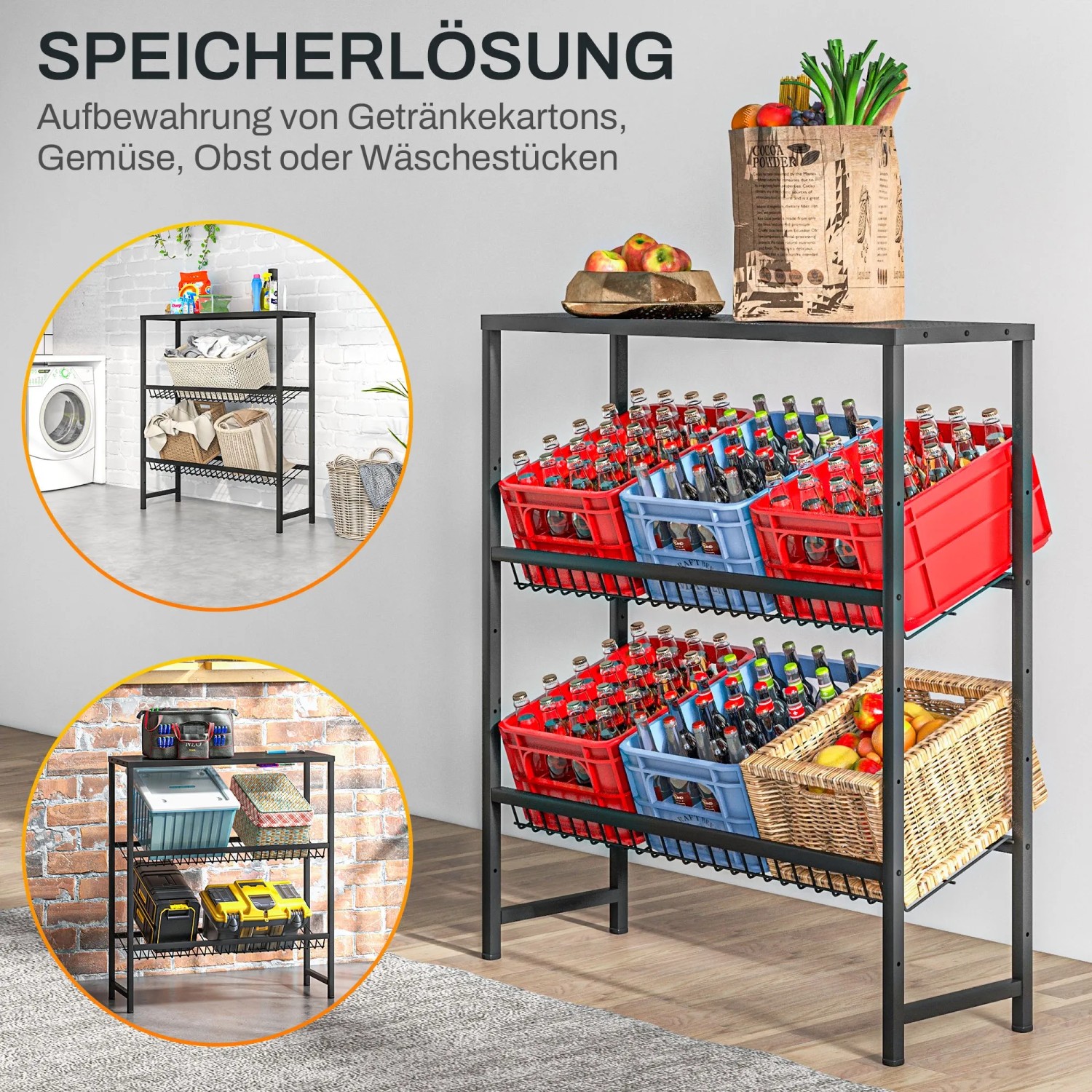Schwarzes Getränkekistenregal aus Stahl mit drei Ebenen, beladen mit Getränkekisten und Lebensmitteln.