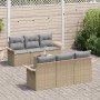 Beiges 7-teiliges vidaXL Garten-Sofa-Set aus Poly Rattan mit grauen Kissen.