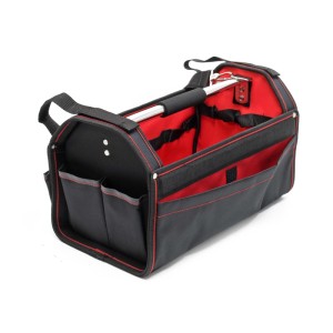 Robuste Wiltec Werkzeugtasche L, schwarz-rot, mit vielen Fächern, gepolstertem Griff und Schultergurt für Werkzeug-Aufbewahrung.
