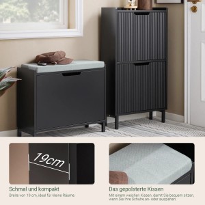 SoBuy Schuhkipper FSR151-K-SCH: Schuhbank mit Klappe und Sitzkissen in Schwarz.