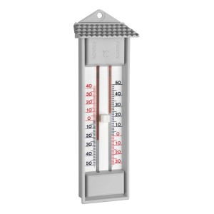 Graues Maxima-Minima-Thermometer von TFA zur Temperaturmessung.