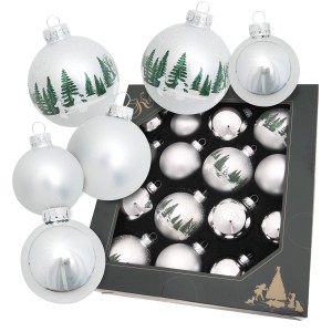 16-tlg. Set silberne Weihnachtskugeln von Krebs Glas Lauscha, teils mit Waldmotiv, 5-7 cm