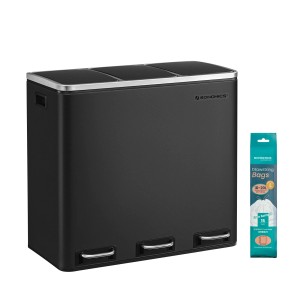 Songmics Mülleimer Pary mit 3 Fächern (3 x 18 l) in Schwarz, Pedalöffnung und Müllbeutel.
