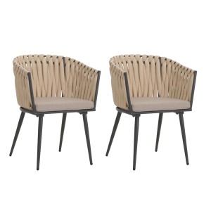 Proregal 2er-Set Aluminium-Gartenstuhl HxBxT 82x61x57 cm Sitzhöhe 50cm Olefin Seilgeflecht Rope Creme Kissen Hellbraun Outdoor Stuhl Armlehne