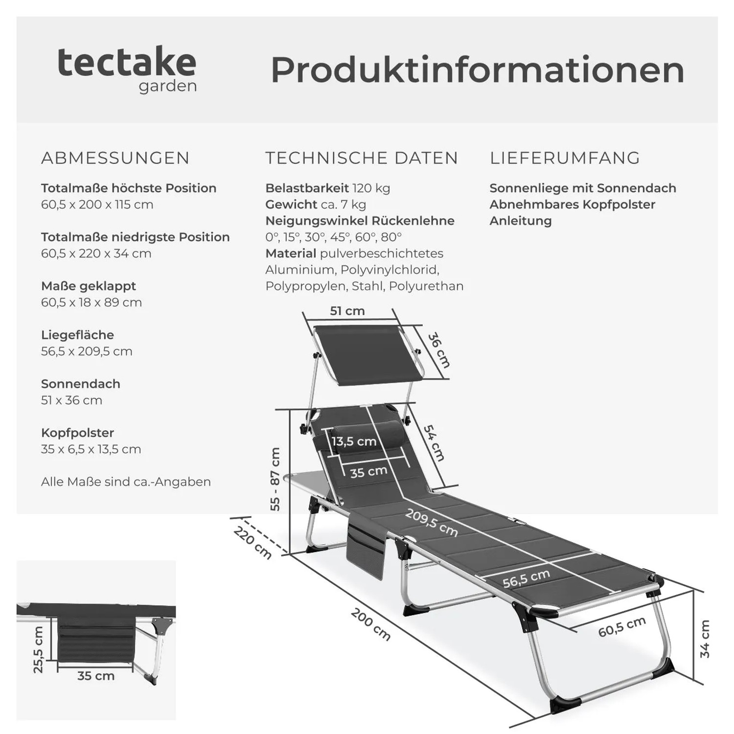 Tectake Aluminium Sonnenliege Lorella Gepolstert  Klappbar Wetterfest und Uv Beständig  200 x 60 50 x 115 cm Grau_6