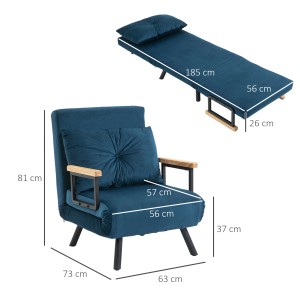 Blaues HOMCOM Schlafsofa mit Kissen, als Sessel und Bett mit Maßangaben dargestellt.