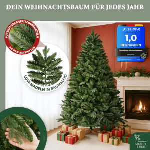 Merry Tree Premium Kunst-Weihnachtsbaum 150cm mit Holzfuß und Geschenken vor Kamin.