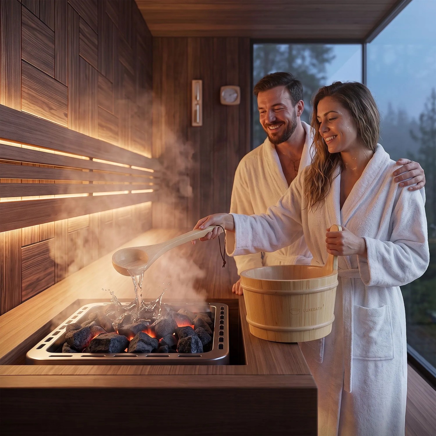 LuxeBath Saunazubehör Set 2 Teilig aus Massivem Kiefernholz Aufgusskübel und Schöpfkelle_9