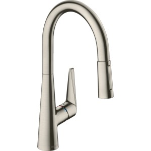 Hansgrohe Einhebel-Küchenmischer M5116-H200 mit Ausziehbrause in Edelstahl-Optik.