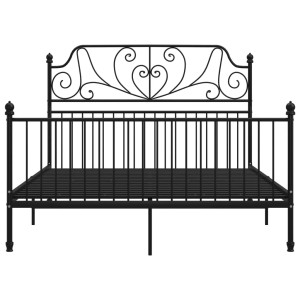 Schwarzes Metallbettgestell 140x200 cm mit Lattenrost und dekorativem Kopfteil.