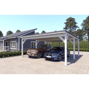 Holzbrüder Doppelcarport Ralf, reinweiß mit dunkelgrauem Blechdach, 600x600 cm, für zwei PKW.
