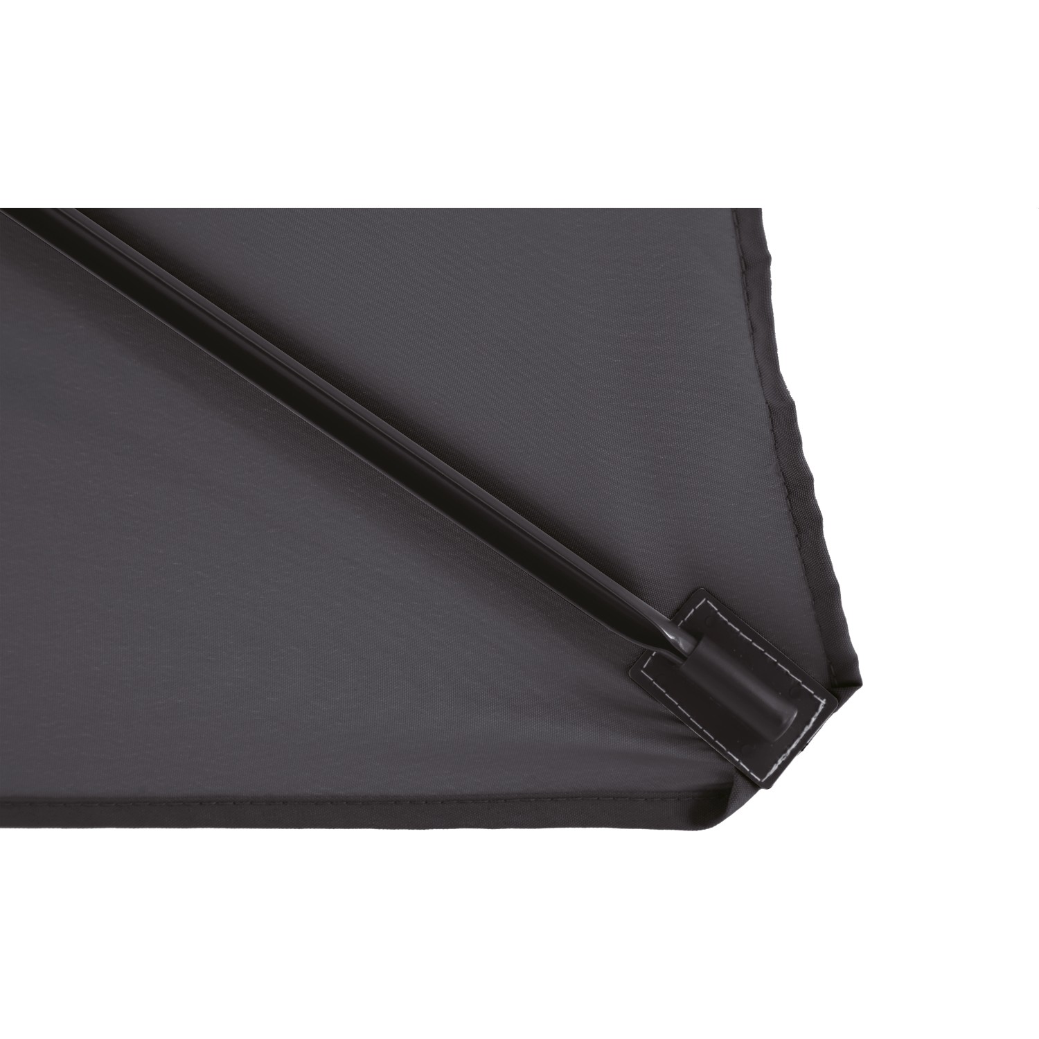 Detailaufnahme: Anthrazitfarbener Marktschirm (140x210 cm) mit Neigungsfunktion, Ecke mit Strebe.