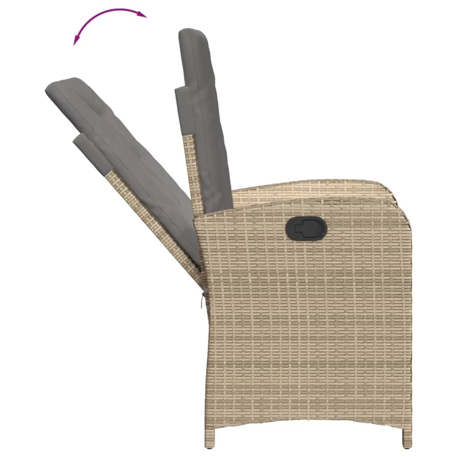 Verstellbarer Gartenstuhl aus Rattan, beige mit grauen Kissen, Teil der 9-tlg. vidaXL Garten-Essgruppe.