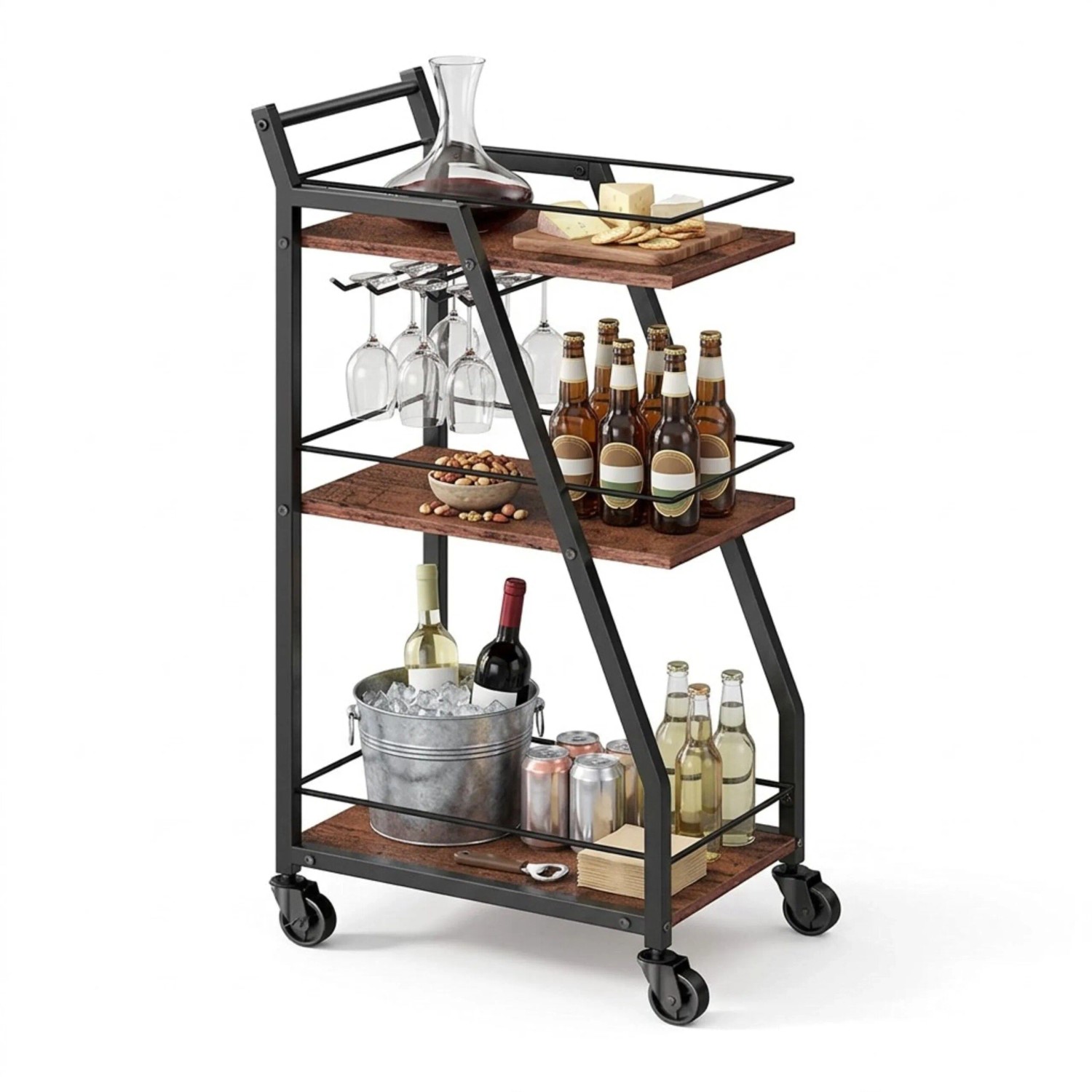 Relaxdays Küchenwagen Eisen MDF Braun Schwarz 3 Ebenen mit Rollen und Griff 83 cm x 39 cm x 29 cm