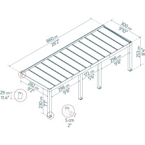Technische Zeichnung der braunen Palram Canopia Terrassenüberdachung Helsinki (860x294cm) mit Maßangaben.