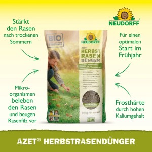 Neudorff Azet Herbstrasen-Dünger 18 kg. Brauner Sack mit Granulat, Kind düngt Rasen. Stärkt Rasen, fördert Frosthärte, beugt Rasenfilz vor.