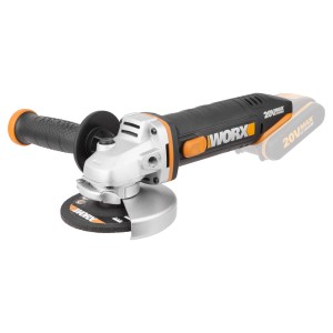 Worx Akku-Winkelschleifer WX800.9 PowerShare 20 V Solo mit Zusatzhandgriff und Schruppscheibe.