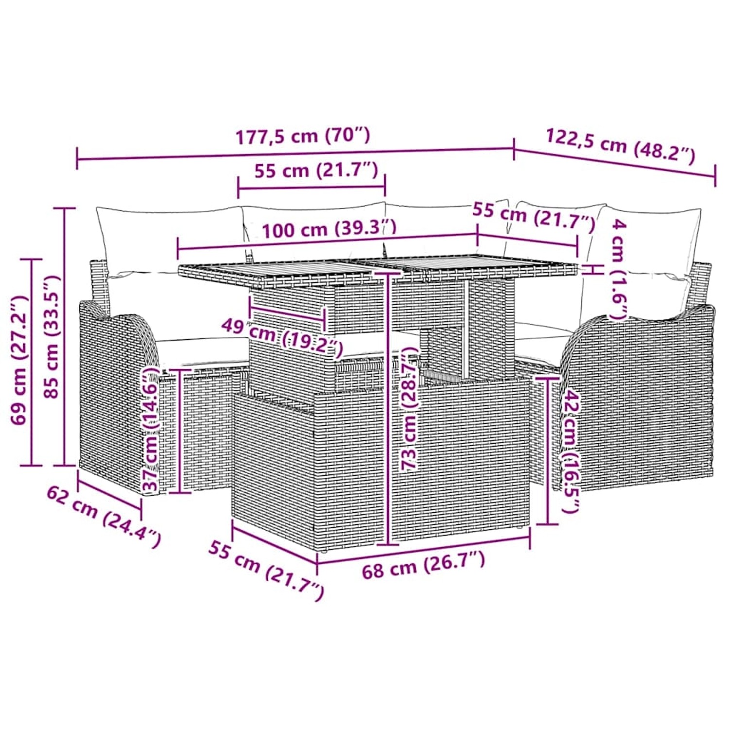 vidaXL Gartenmöbel Set, 5-teilig, schwarzes Poly Rattan mit Kissen. Sofa und Tisch mit Maßangaben.