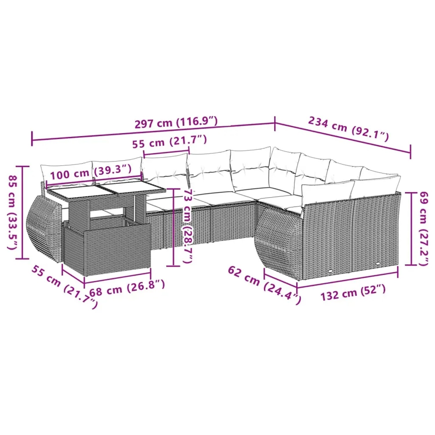 Braune 10-tlg. vidaXL Garten-Sofagarnitur aus Poly Rattan mit Tisch und Kissen.