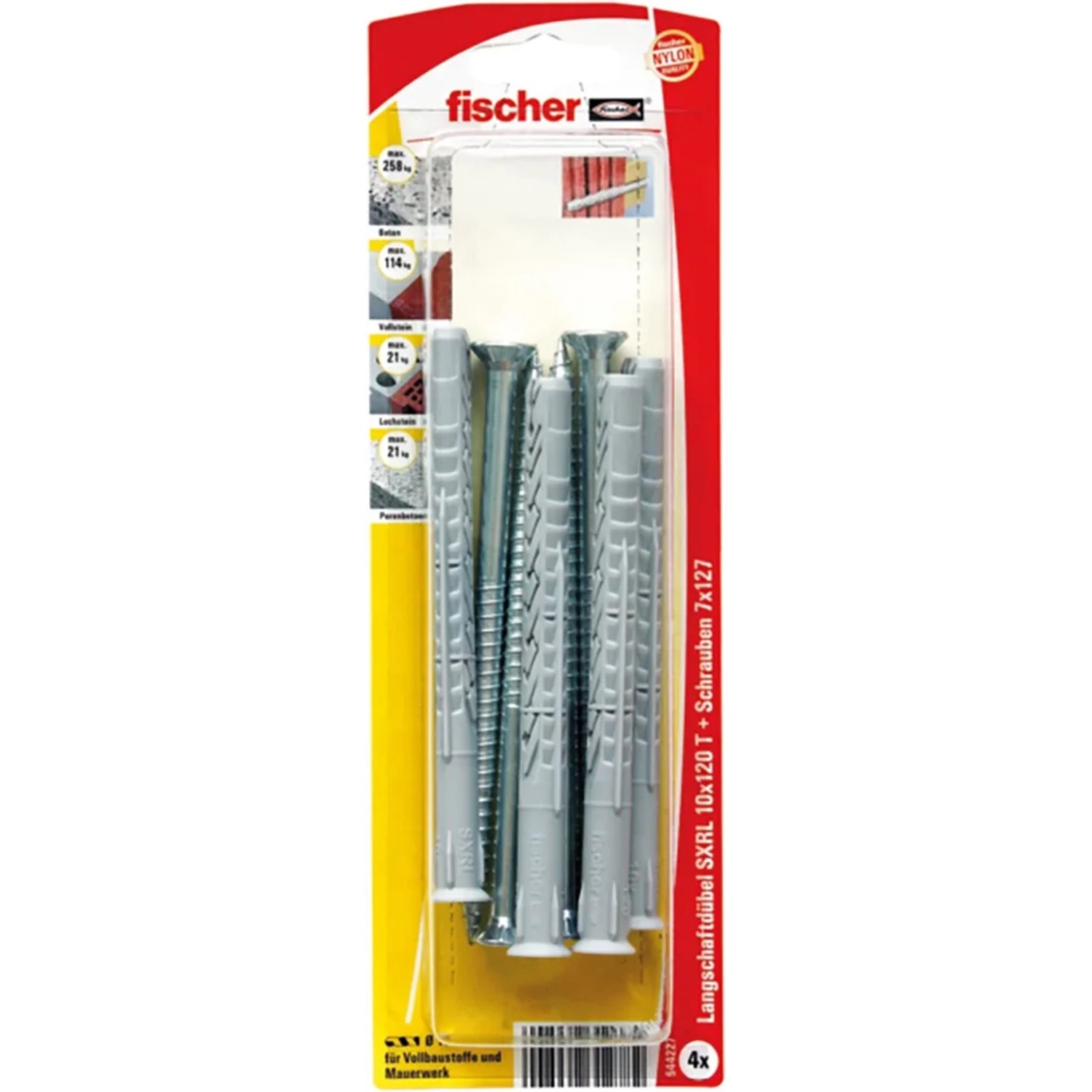 Fischer Langschaftdübel SXRL 10x120 mit Schraube, 4er-Pack. Dübel für Beton und Mauerwerk.