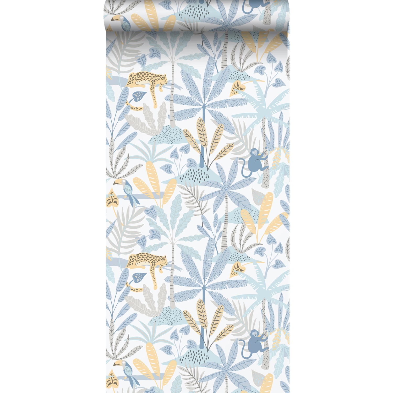 Sanders & Sanders Tapete Dschungeltiere Blau Grau und Gelb 53 cm x 10.05 m günstig online kaufen
