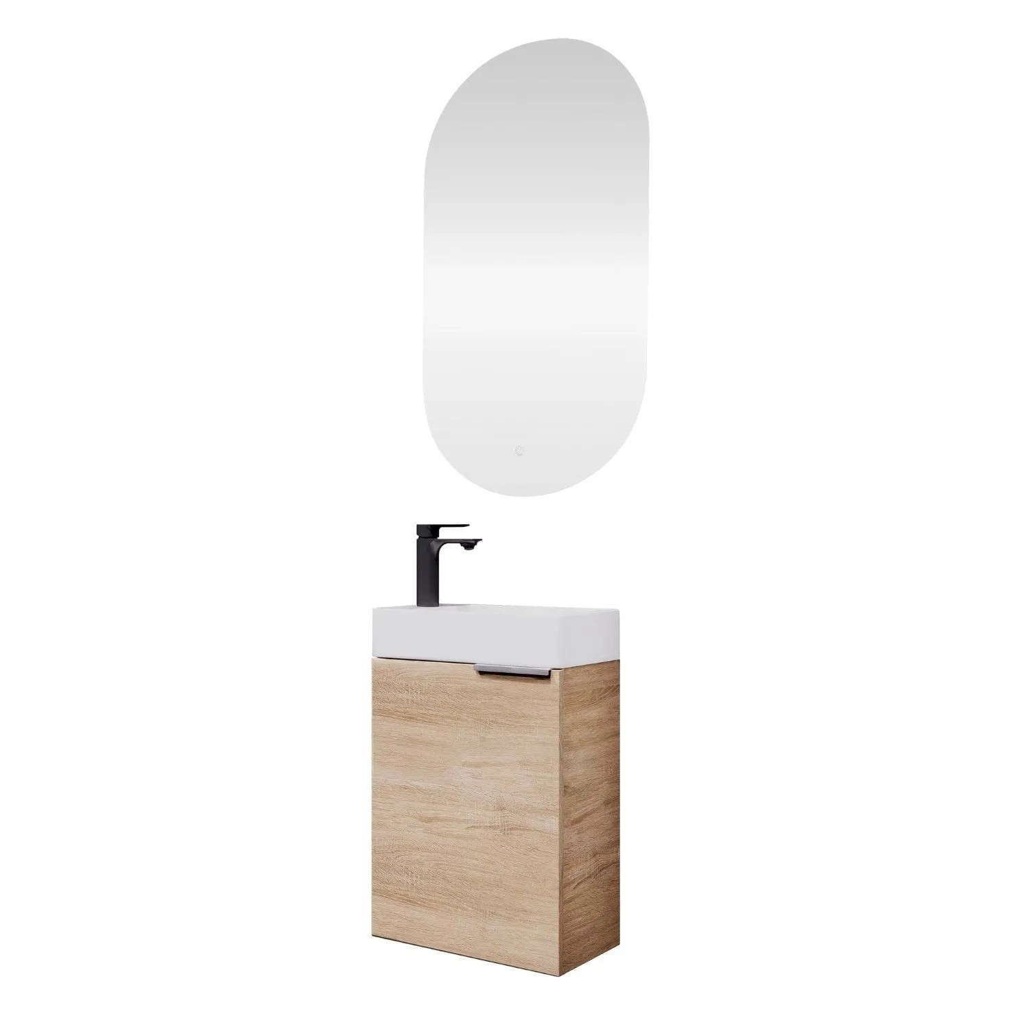 Planetmöbel Badmöbel Set 40 cm Sonoma Eiche mit Keramikwaschbecken LED Spiegel Soft Close