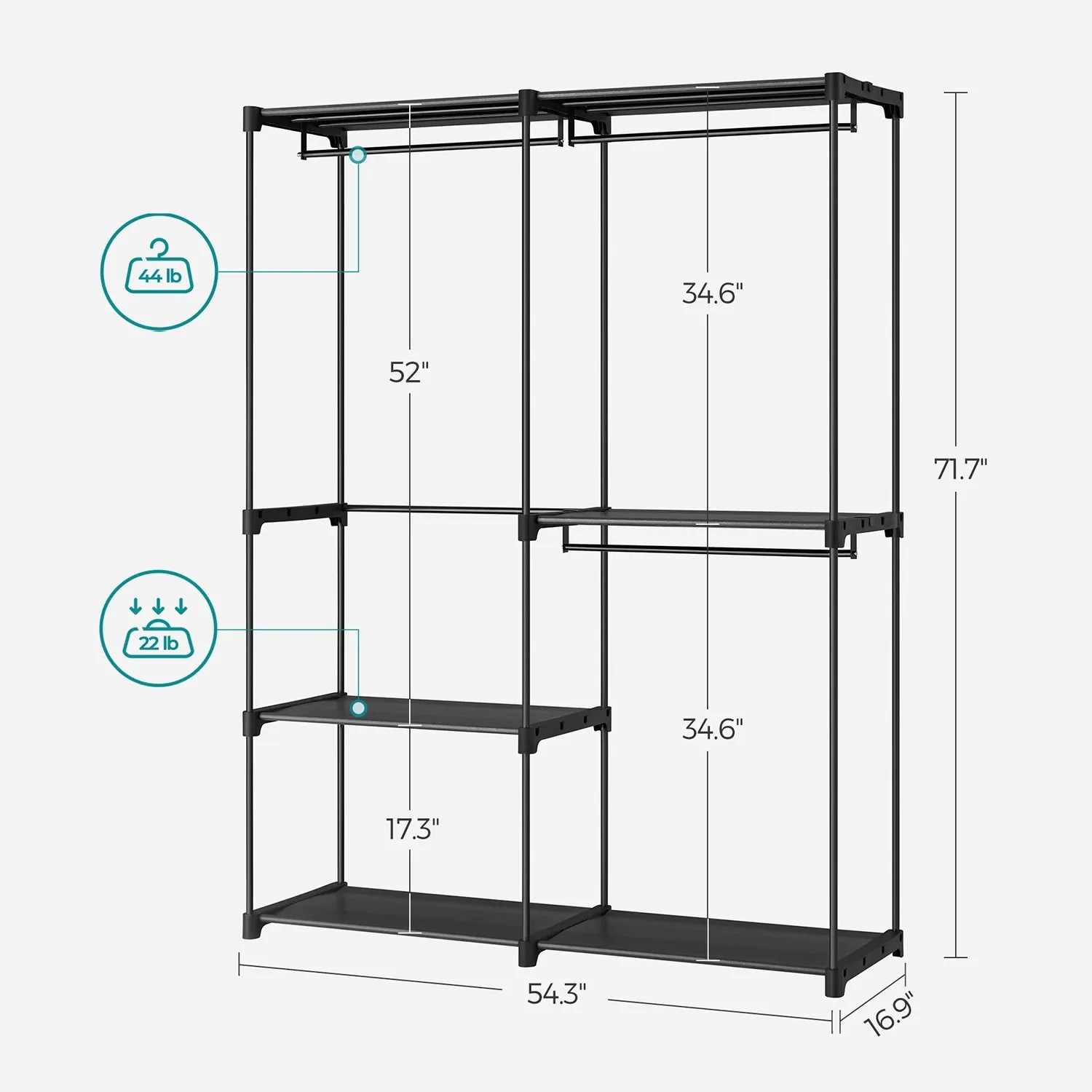 Schwarzer Songmics Kleiderschrank (138x43x182cm) mit 3 Hänge- und 3 Ablagefächern.