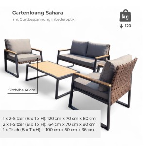 4-tlg. Gartenlounge Set Sahara: schwarzes Stahlgestell, taupe Kissen, Holzoptik-Armlehnen, Gurtbespannung. Für Outdoor.