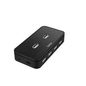 Schwarzer Hama USB-Hub mit 7 Ports USB 2.0, inkl. Netzteil und Kabel.