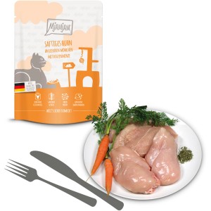 MjAMjAM Katzen-Nassfutter Saftiges Huhn mit Möhrchen, Verpackung und frische Zutaten.