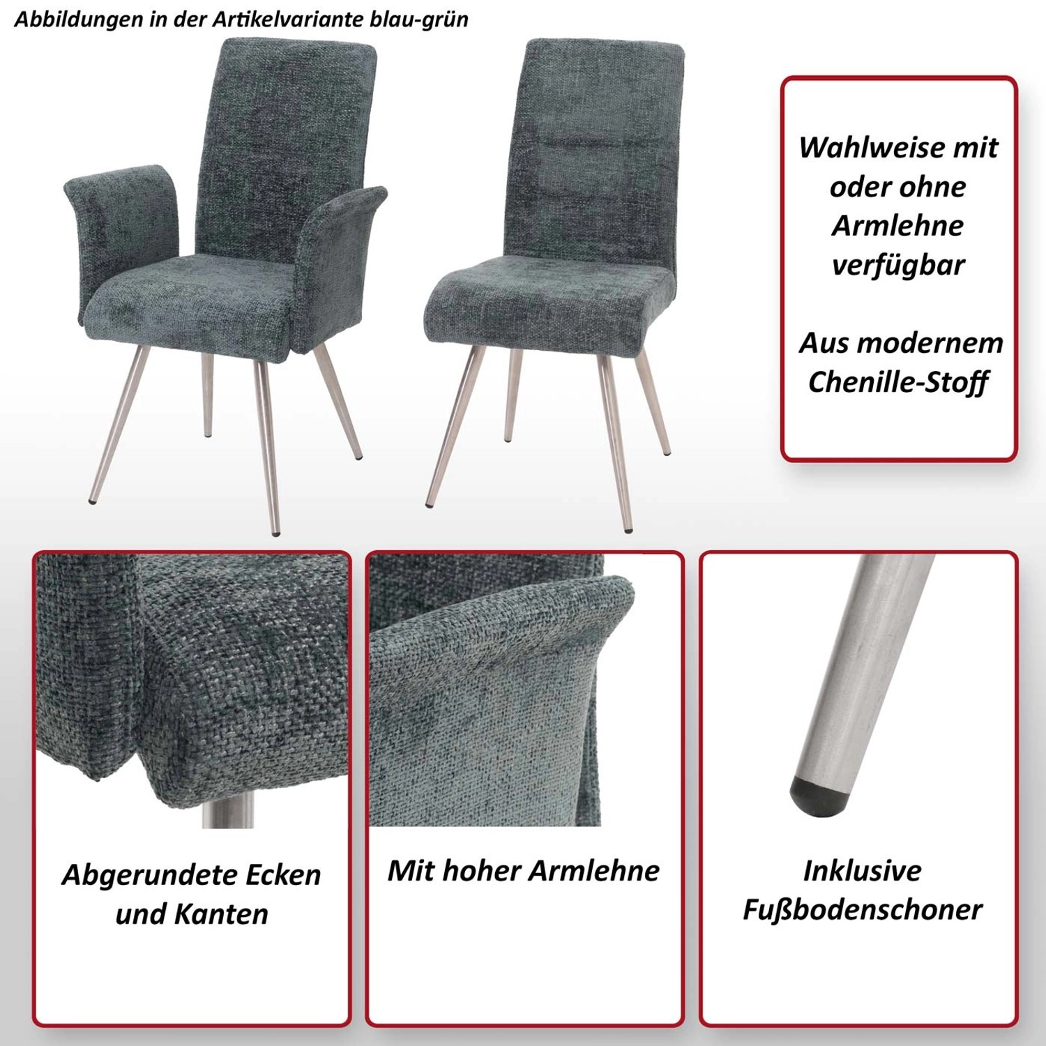 MCW Esszimmerstühle G55, 6er-Set, braun, mit/ohne Armlehne, Chenille-Stoff, Edelstahlgestell.