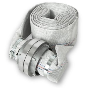 EBERTH Feuerwehrschlauch, 3 Zoll, 10m, mit Storz-Kupplung. Flach aufgerollt.